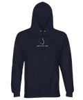 Vitt Skitfiske-hook motiv på mörkblå premium hoodie.