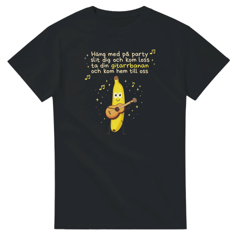 Svart t-shirt med texten Gitarrbanan och banan som spelar gitarr