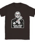 Mörkbrun t-shirt med nostalgiskt tryck av maskerad karaktär och kniv