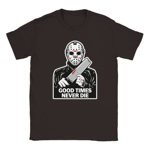Mörkbrun t-shirt med nostalgiskt tryck av maskerad karaktär och kniv