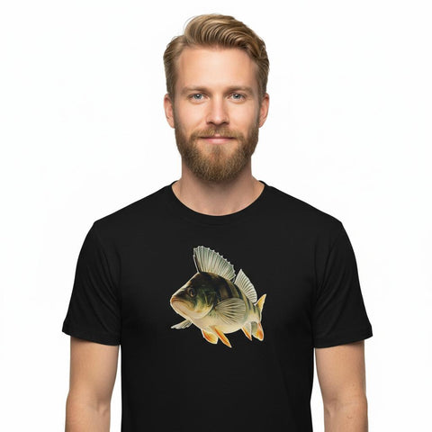 Detaljerad illustration av en abborre på svart ekologisk figursydd t-shirt för herr.