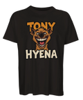 Tecknad skrattande hyena med texten "TONY HYENA" på svart oversized ekologisk t-shirt.