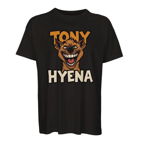 Tecknad skrattande hyena med texten "TONY HYENA" på svart oversized ekologisk t-shirt.