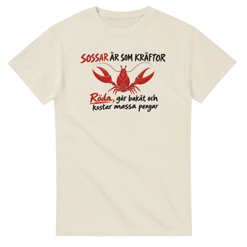 Grafiskt tryck med texten Sossar är som kräftor – benvit t-shirt