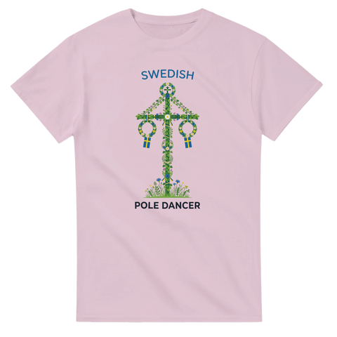 Blomsterprydd majstång med blågula band – humoristisk t-shirt för midsommar
