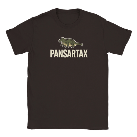 Brun t-shirt med kaxig och satirisk tolkning av en pansartax