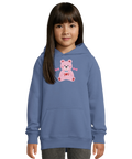 Rosa nallebjörn med blå fluga och "I <3 U" på blå ekologisk barnhoodie.