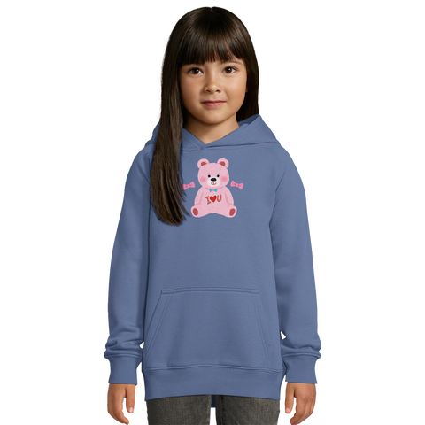 Rosa nallebjörn med blå fluga och "I <3 U" på blå ekologisk barnhoodie.