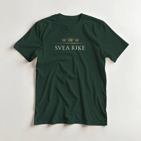 Guldiga kronor och texten "SVEA RIKE" på en mörkgrön t-shirt.