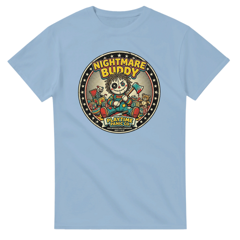 Grafiskt tryck av en läskig docka i pop art-stil på ljusblå t-shirt