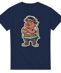Humoristisk t-shirt med en grinig gris och svensk flagga på marinblå t-shirt