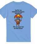 Blå t-shirt med texten "Varför har fallskärmshoppare fallskärm? För att dom har så små fötter" och en tecknad fallskärmshoppare – perfekt för pappaskämt och vardagshumor