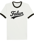 Ringer t-shirt med svart text "Falun" i retrostil på vit bakgrund