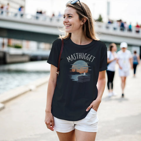 Kvinna bär t-shirt med Göteborgsmotiv vid vattnet – urban sommarstil