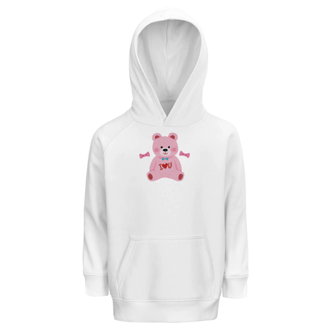Vit ekologisk hoodie med söt rosa björnillustration och text