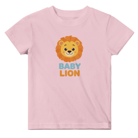Rosa barn-t-shirt med en charmig och färgglad lejonillustration