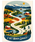 Retroillustration av nordiskt landskap med slingrande väg, röda stugor, granar, renar och snöklädda fjälltoppar.