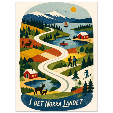 Retroillustration av nordiskt landskap med slingrande väg, röda stugor, granar, renar och snöklädda fjälltoppar.