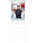Satirisk King Jong-Fun med rosor, hjärtballonger i snöig park, väggkalender 2026.