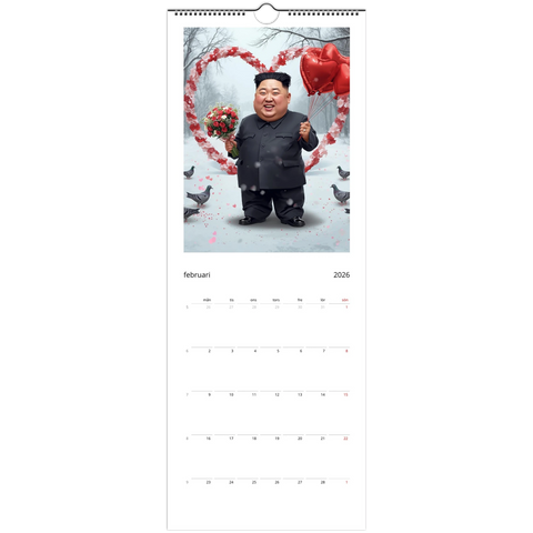Satirisk King Jong-Fun med rosor, hjärtballonger i snöig park, väggkalender 2026.