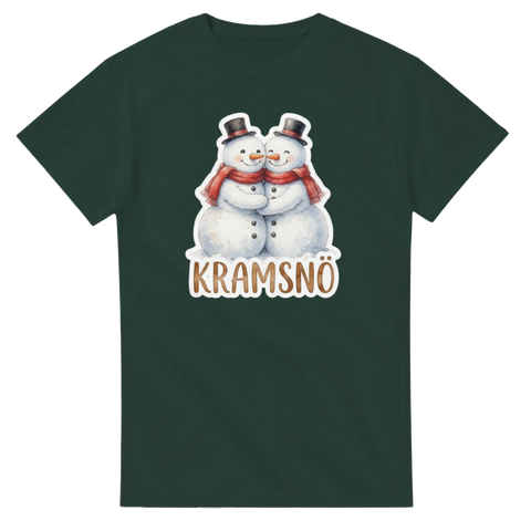 Mörkgrön t-shirt med illustrerade snögubbar i kram – rolig vinterdesign