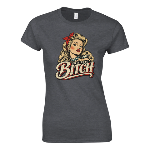 Vintage rockabilly illustration av kvinna med kaxigt citat på mörkgrå t-shirt