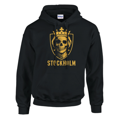 Guldtryck med dödskalle och kunglig krona på svart hoodie – Stockholm streetwear