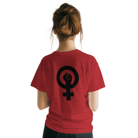 Stilren illustration för jämställdhet på ryggen – mörkröd grafisk t-shirt