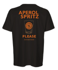 Svart oversized t-shirt med orange Aperol Spritz ryggtryck och apelsinskiva