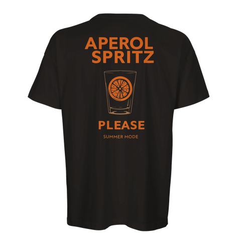 Svart oversized t-shirt med orange Aperol Spritz ryggtryck och apelsinskiva