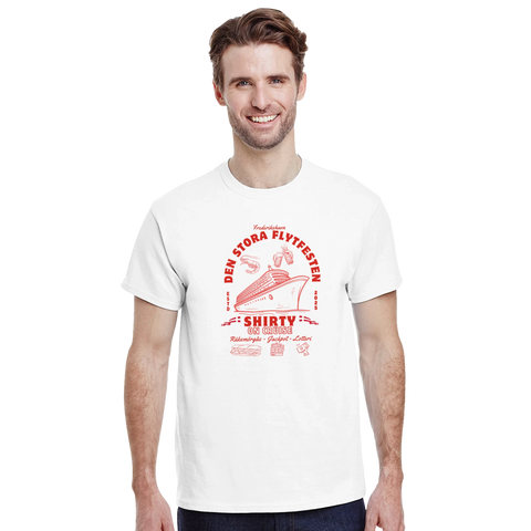 färjeparodi t-shirt Den stora flytfesten Fredrikshavn vit tröja med retrodesign