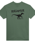 Militärgrön t-shirt med ironisk siluett av en dinosaurie med gånghjälpmedel
