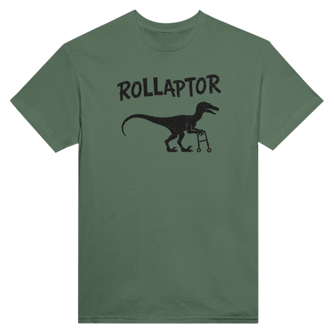 Militärgrön t-shirt med ironisk siluett av en dinosaurie med gånghjälpmedel