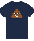 Glatt bajsemoji med vita tänder på mörkblå t-shirt.