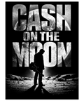 Svartvit poster med texten CASH ON THE MOON där månen syns inuti bokstäverna bakom en silhuett av en man med gitarr.