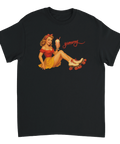 Yummy Pinup på t-shirt, avgränsad form, stark kontrast, handritad estetik