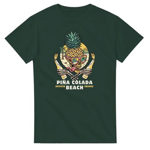 Mörkgrön t-shirt med somrigt tryck av en dödskalle som dricker Piña Colada