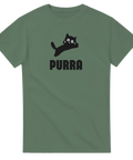 Svart tecknad katt med stora ögon och text "PURRA" på grön t-shirt.