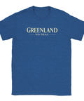 Greenland No Deal" texttryck i beige på mörkblå t-shirt.
