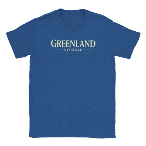 Greenland No Deal" texttryck i beige på mörkblå t-shirt.