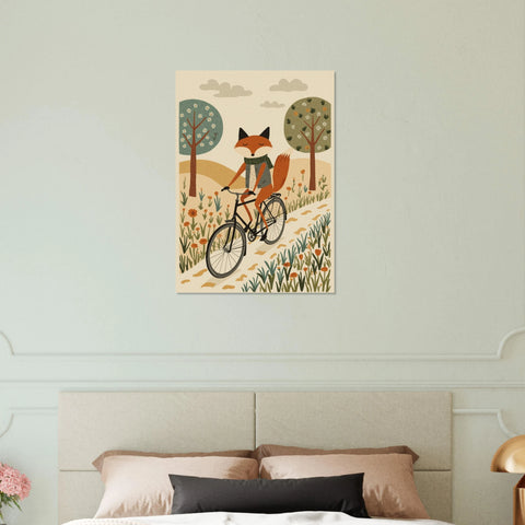 Inramad poster med räv på cykel hängande ovanför en säng i ett sovrum