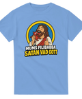 Absurd illustration av Jesus och en liten djävul på ljusblå t-shirt