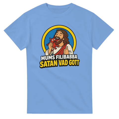 Absurd illustration av Jesus och en liten djävul på ljusblå t-shirt