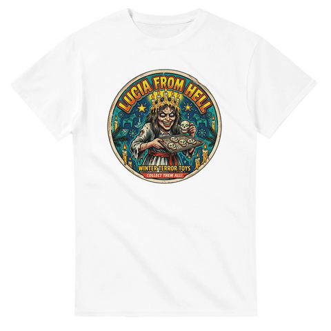Lucia From Hell motiv i retro illustrerad stil – vit t-shirt med tryck
