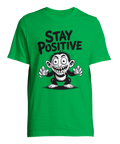 Tecknad glad, galen apa med text "STAY POSITIVE" på grön t-shirt.
