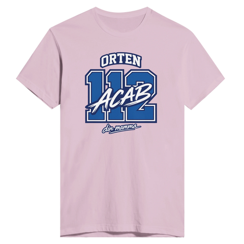 Orten 112 ACAB din mamma tryck i blått och vitt på ljusrosa premium t-shirt.