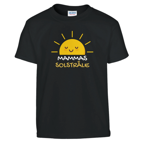 Svart t-shirt med ett gult solmotiv och lekfull typografi