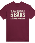 Vinröd t-shirt med texten Allt under 5 bärs räknas som fika.