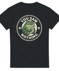 Svart t-shirt med grafisk badge av en groda med kniv