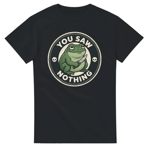 Svart t-shirt med grafisk badge av en groda med kniv